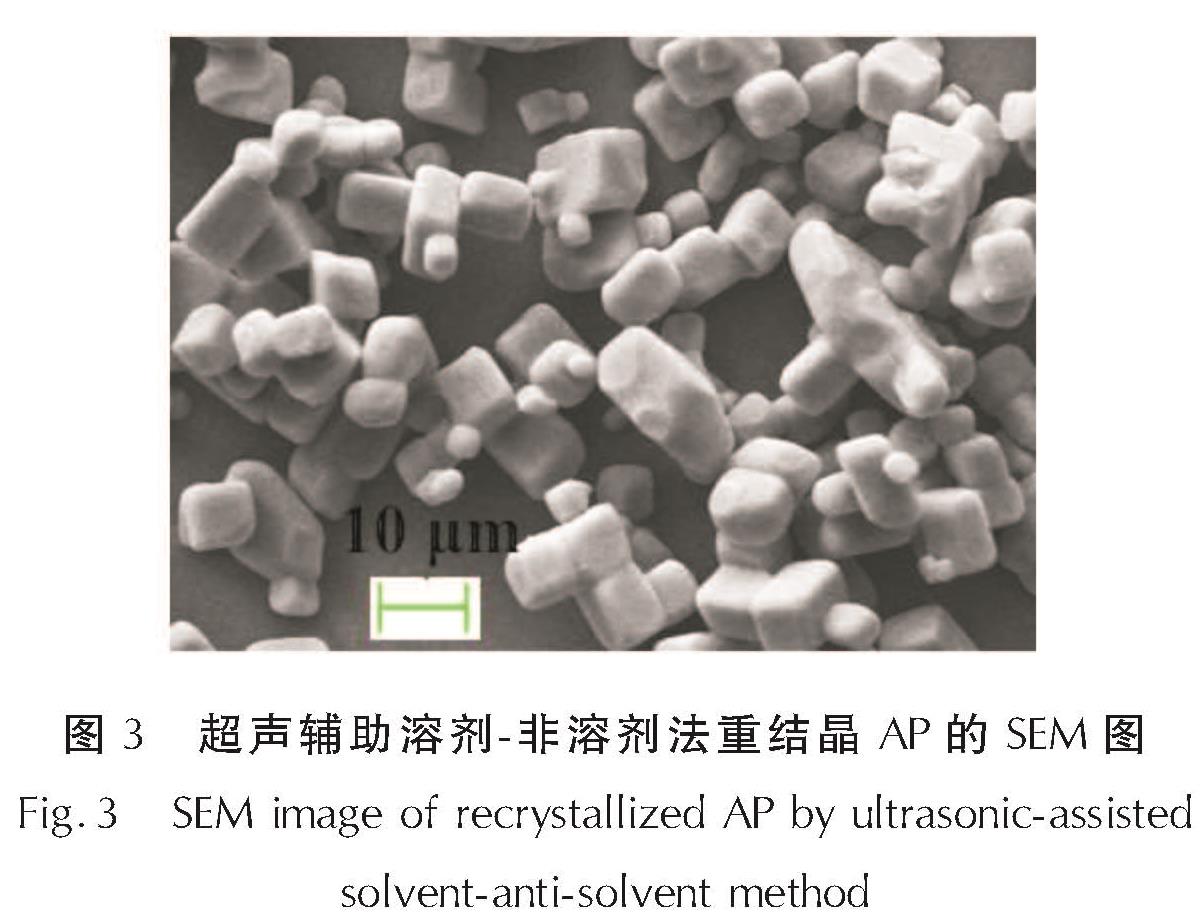 图3 超声辅助溶剂-非溶剂法重结晶AP的SEM图<br/>Fig.3 SEM image of recrystallized AP by ultrasonic-assisted solvent-anti-solvent method