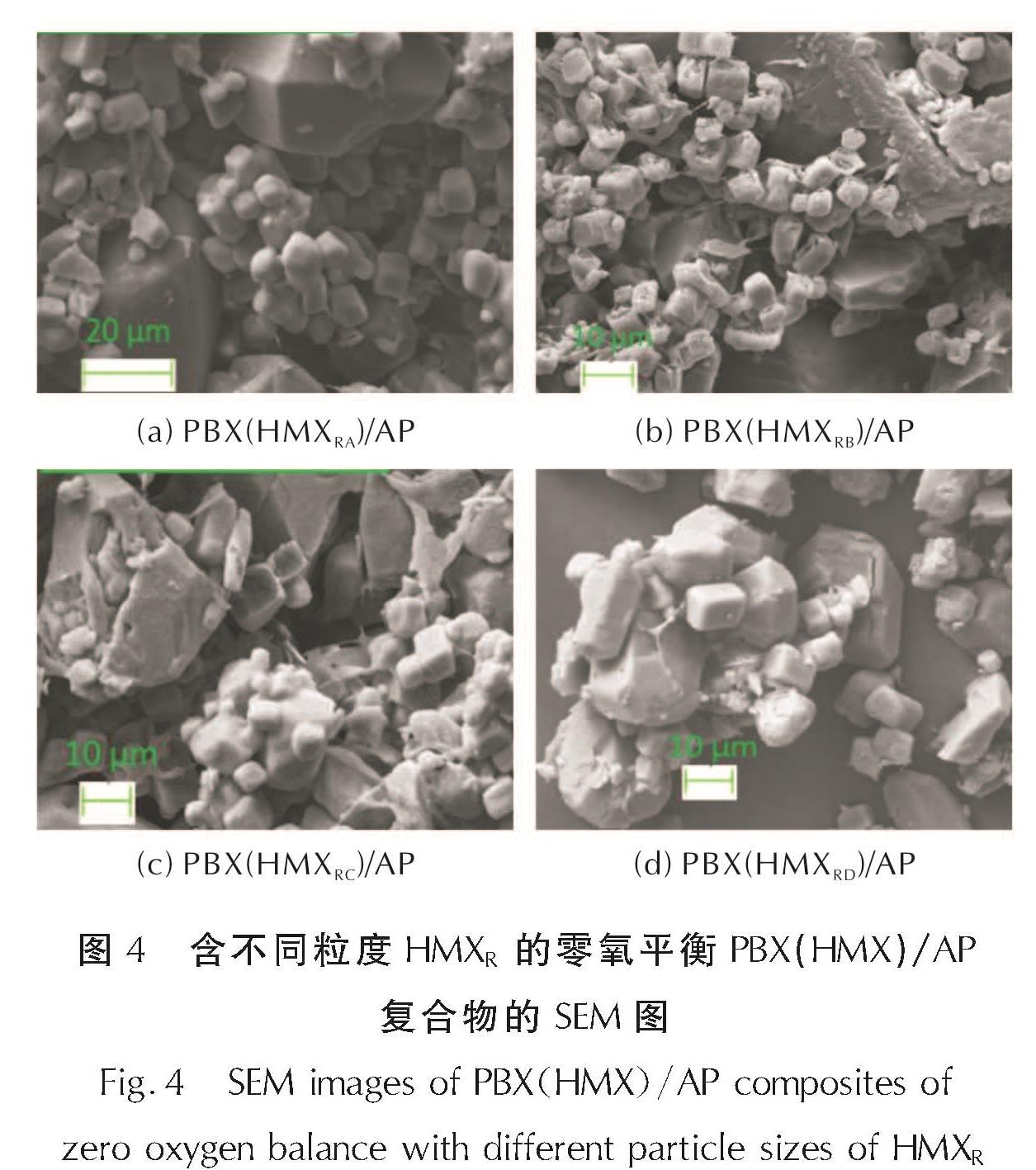 图4 含不同粒度HMXR的零氧平衡PBX(HMX)/AP复合物的SEM图<br/>Fig.4 SEM images of PBX(HMX)/AP composites of zero oxygen balance with different particle sizes of HMXR